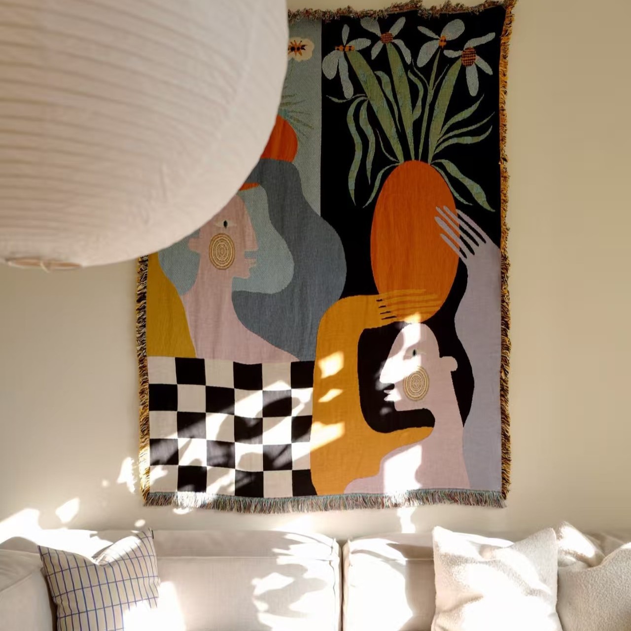 Boho Throw Blanket Fringe - Tapiz de Arte Abstracto Moderno, Tejido