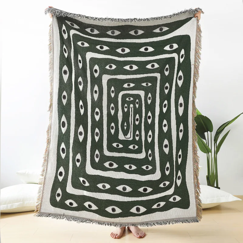 Boho Throw Blanket Fringe - Manta Jacquard con Ojo Turco Verde